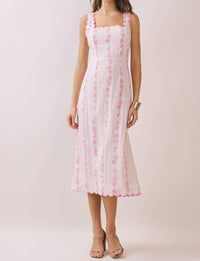 TCEC Floral Stripe Scalloped Midi Dress in pink - women's dress