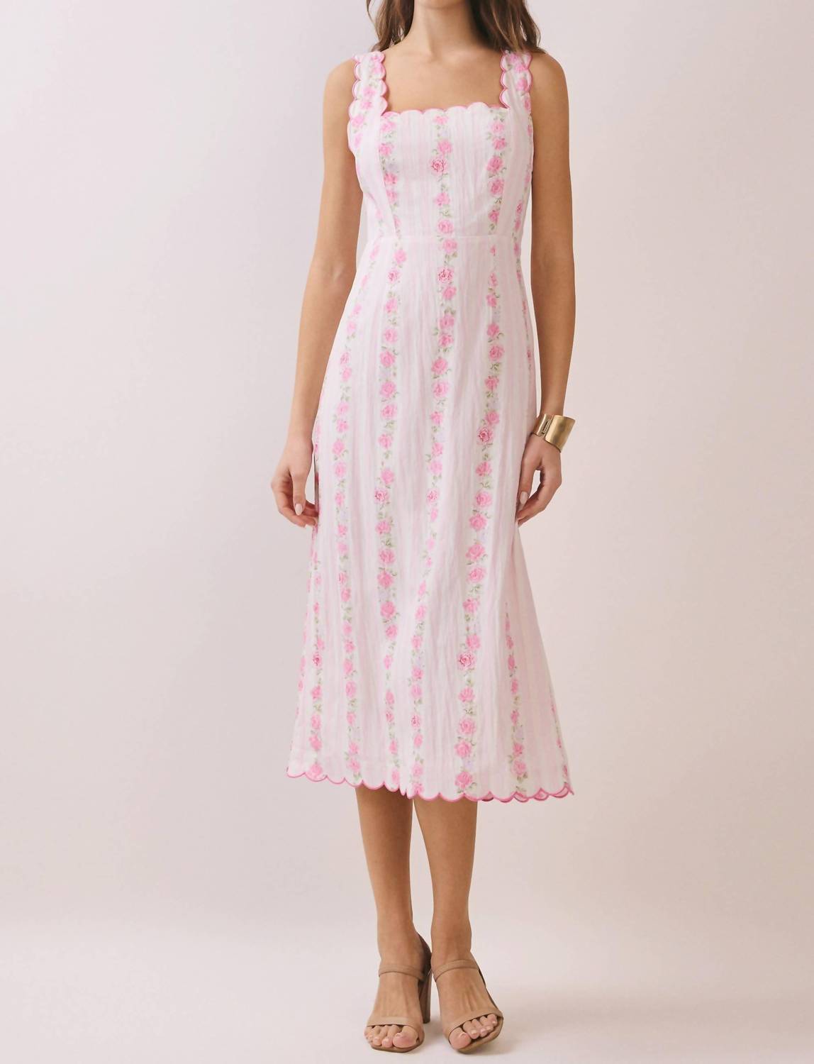 TCEC Floral Stripe Scalloped Midi Dress in pink - women's dress