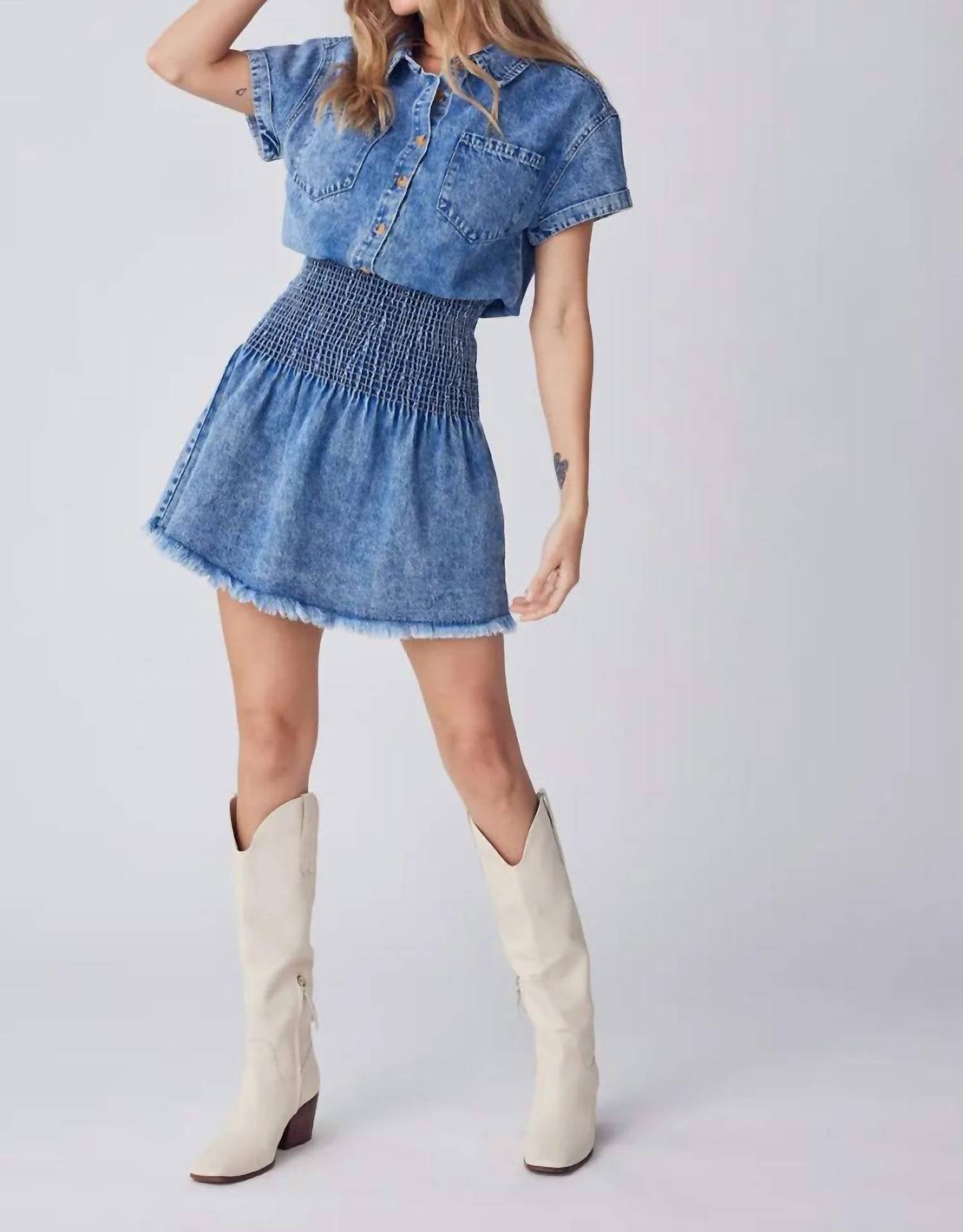 BluIvy Button Up Smocking Waist Denim Mini Dress in blue - women's dress - detail view