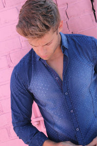 Eight X - Men's Pattern Jacquard Stone Wash Denim Button Down Shirt