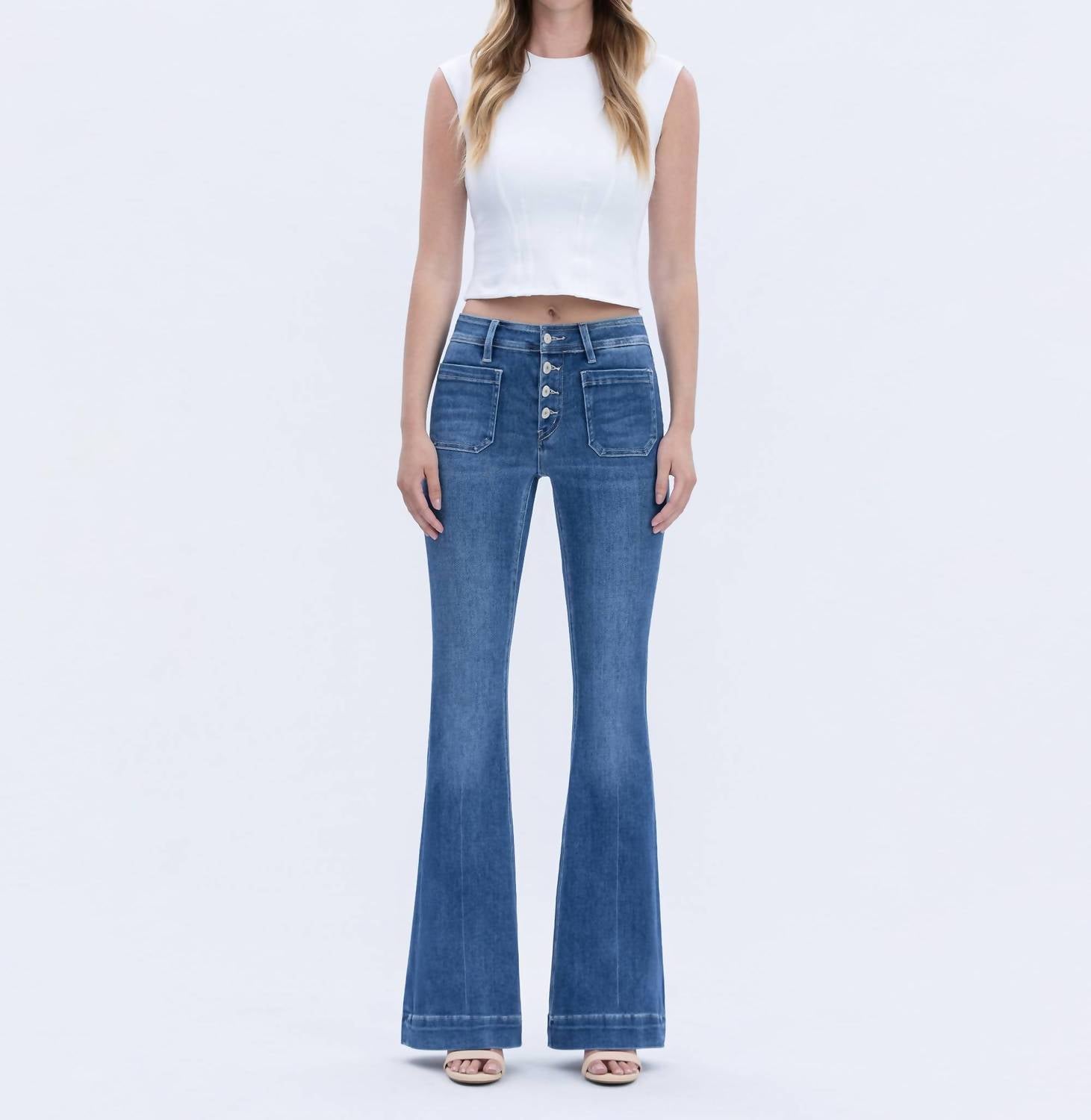 VERVET BY FLYING MONKEY MID RISE BUTTON FLY TROUSER HEM FLARE JEANS in gleefully - women's jeans - detail view