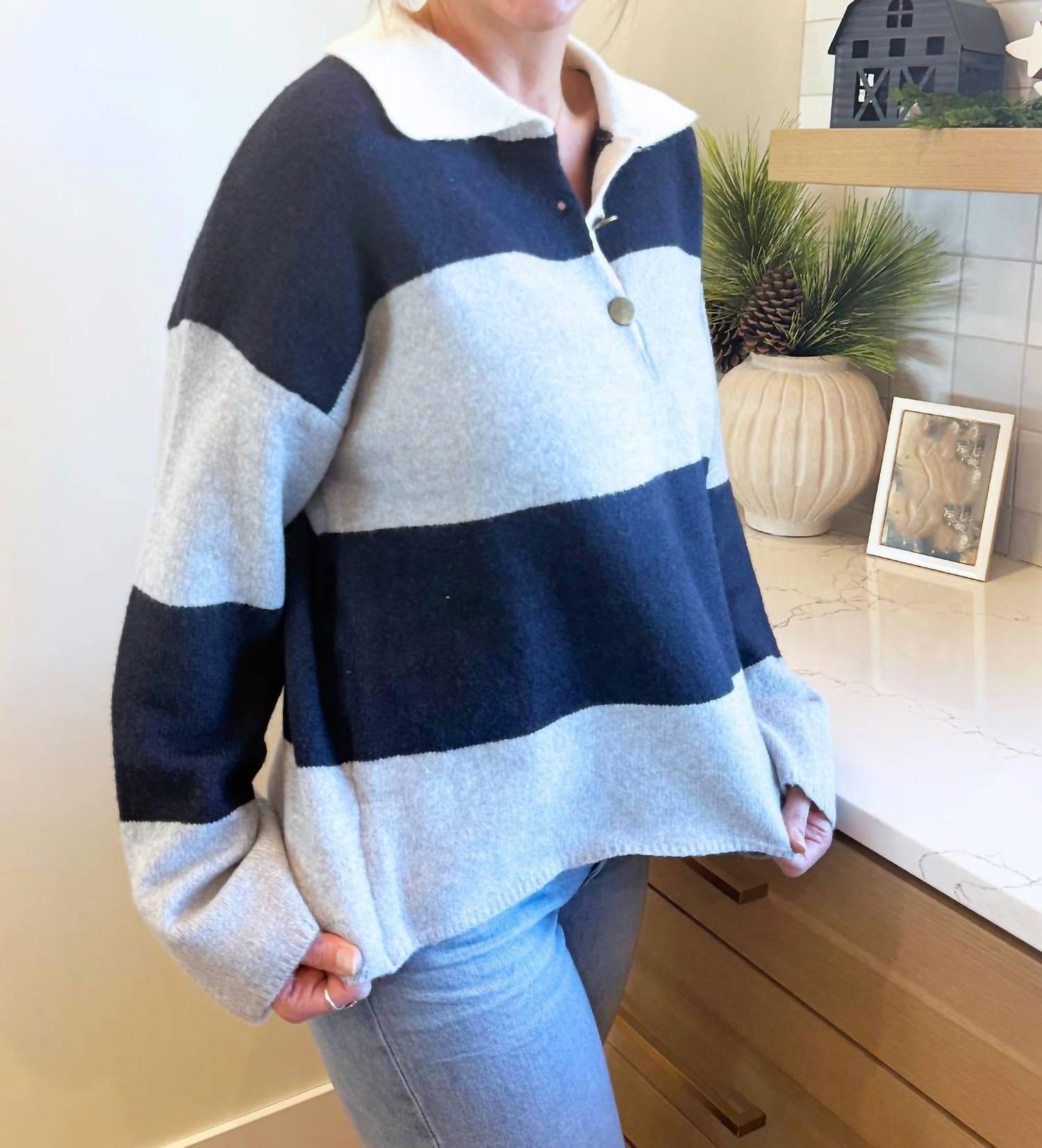 Aaron & Amber Striped Polo Neck Sweater in navy grey - women's long sleeve top - detail view