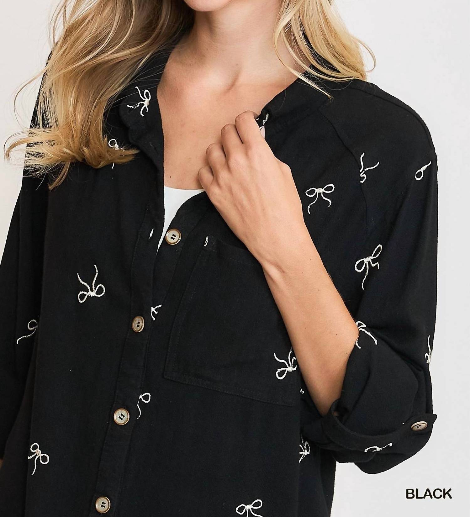 Umgee - Linen Blend Embroidered Bow Button-Down Shirt