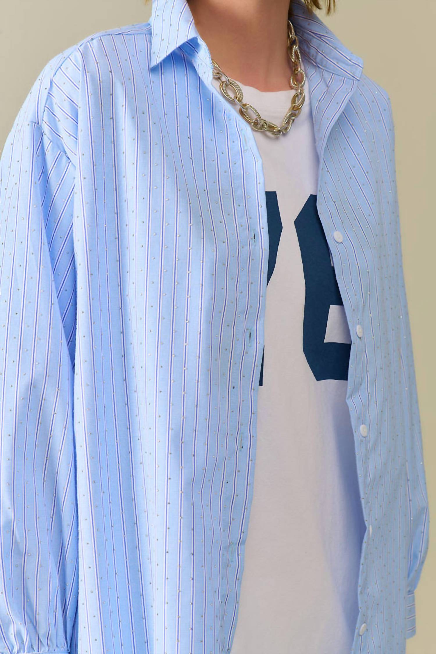 Q2 Striped Poplin Shirt With Strass Detail in blue - women's shirt - alternate view