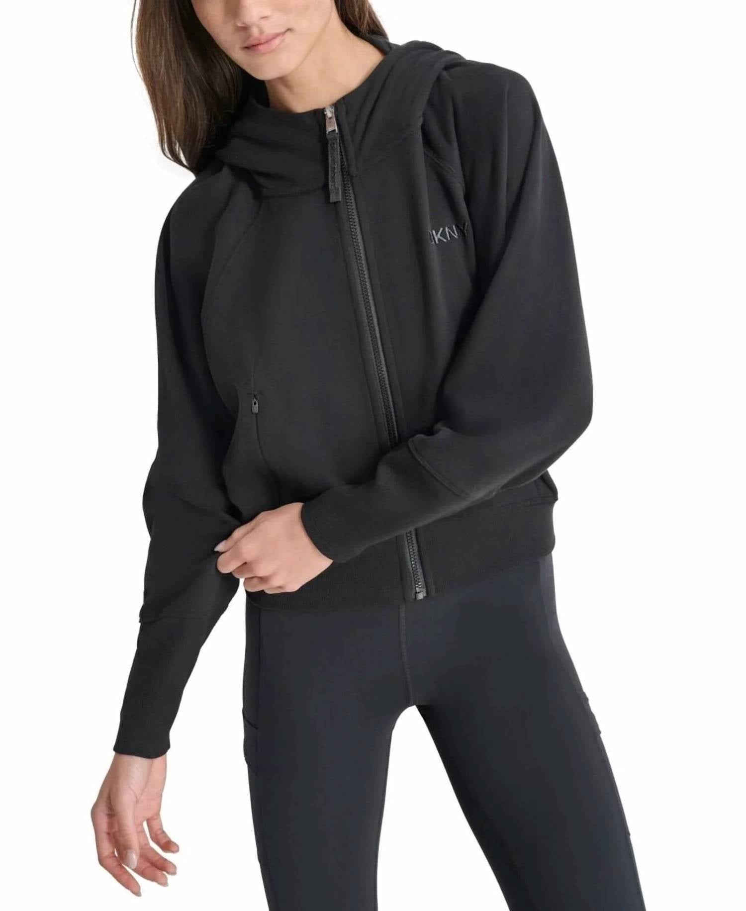 Dkny - Embroidered-logo Cropped Zip-front Fleece Hoodie
