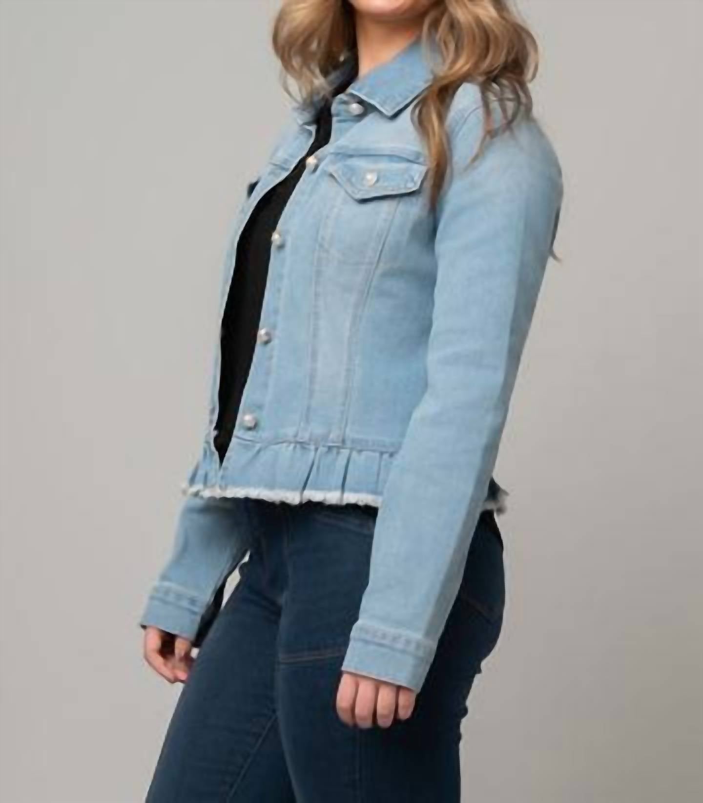 Pine Apparel - Peplum Hem Denim Jacket W/ Novelty Buttons