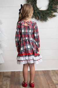 Adorable Sweetness - Girl's Holiday Christmas Plaid Lace Ruffle Bow Back Dress