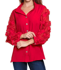 JOHN MARK Sheer Floral Sleeve Top in scarlet - women's blouse