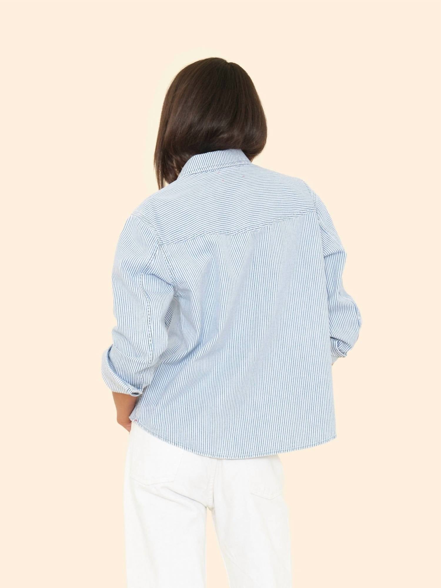 XIRENA Byron Denim Shirt in blue railroad - women's shirt - detail view