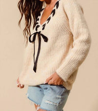 So Me - Braided Ribbon V-neck Sweater Top