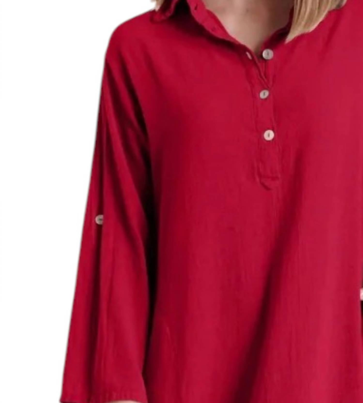 Oh My Gauze! River Button Down Midi Dress in crimson - women's dress - detail view