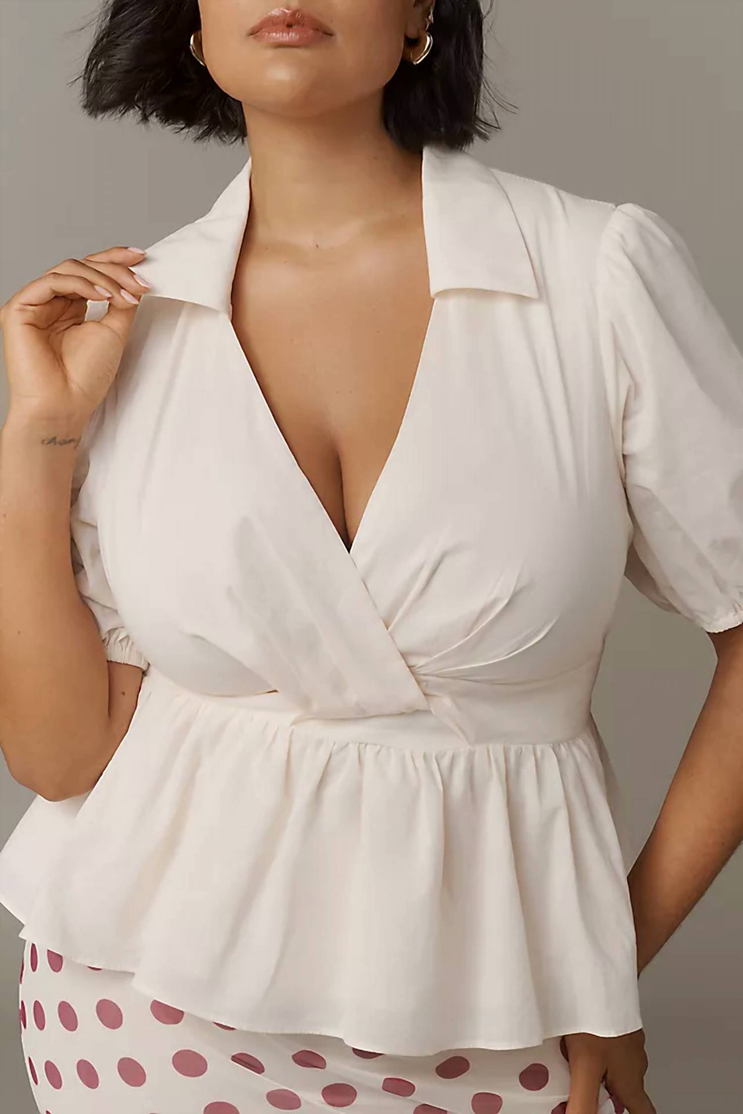 hutch Fowler Puff-sleeve Peplum Top in cream - women's blouse - detail view