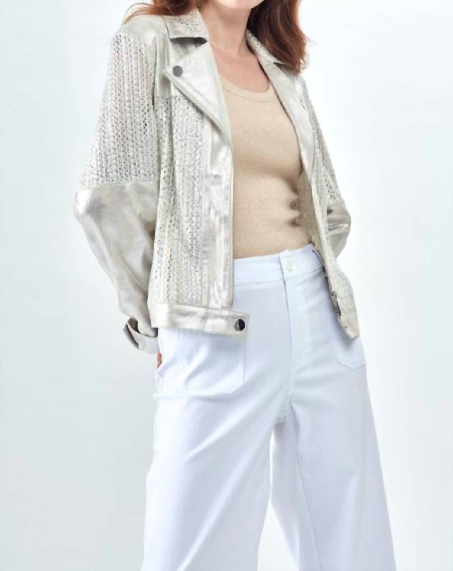 Insight Metallic Moto Jacket in silver - women's jacket - detail view
