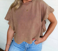Ee:Some - Women's Waffle Knit Tiered Flutter Sleeve Crop Top