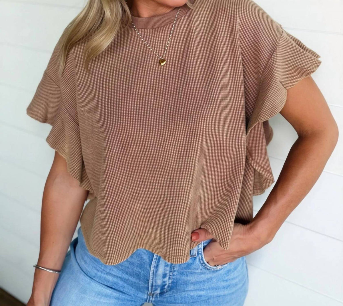 Ee:Some - Women's Waffle Knit Tiered Flutter Sleeve Crop Top