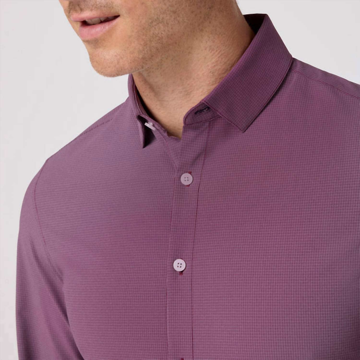 Mizzen + Main Leeward Classic Fit Long Sleeve Dress Shirt in eggplant levi plaid - men's shirt - detail view