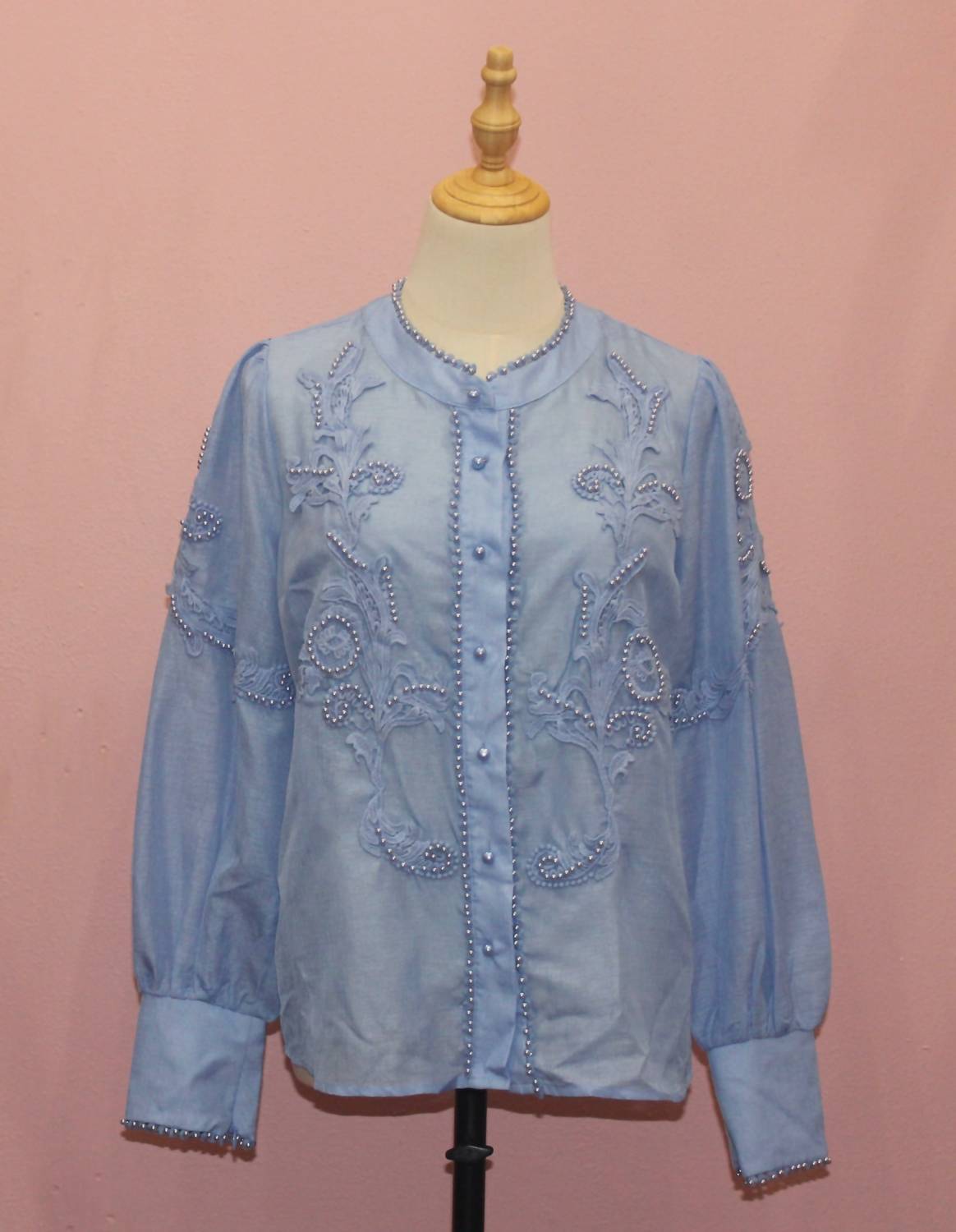 Ina - Women's Long Sleeves Embroidered Pearl Trims Shirt Blouse