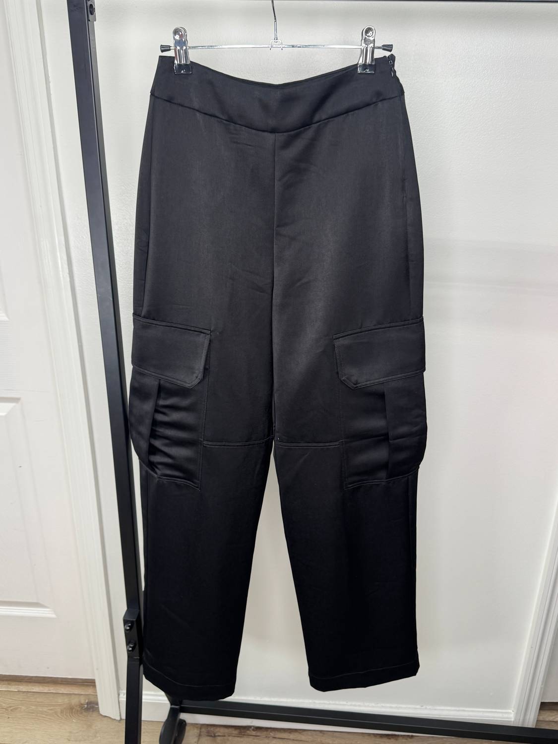 2.7 AUGUST APPAREL Satin Cargo Pants in black - women's pants - detail view