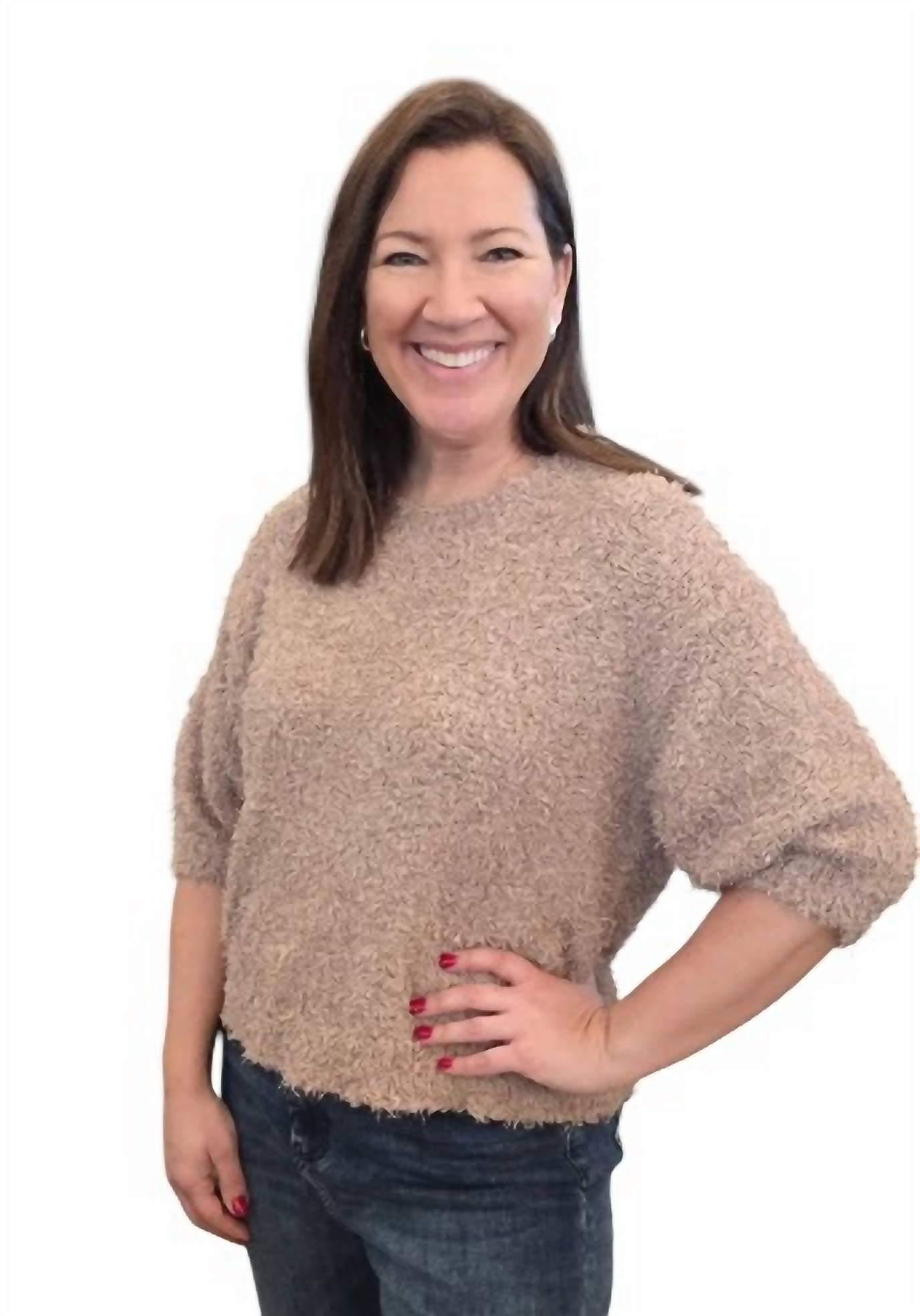 Fun 2 Fun Total Texture Puff Sleeve Sweater in taupe - women's sweater - alternate view