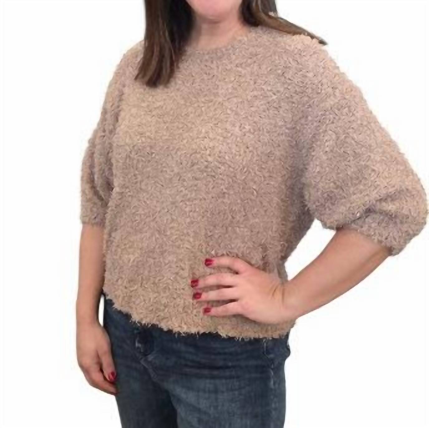 Fun 2 Fun Total Texture Puff Sleeve Sweater in taupe - women's sweater - detail view