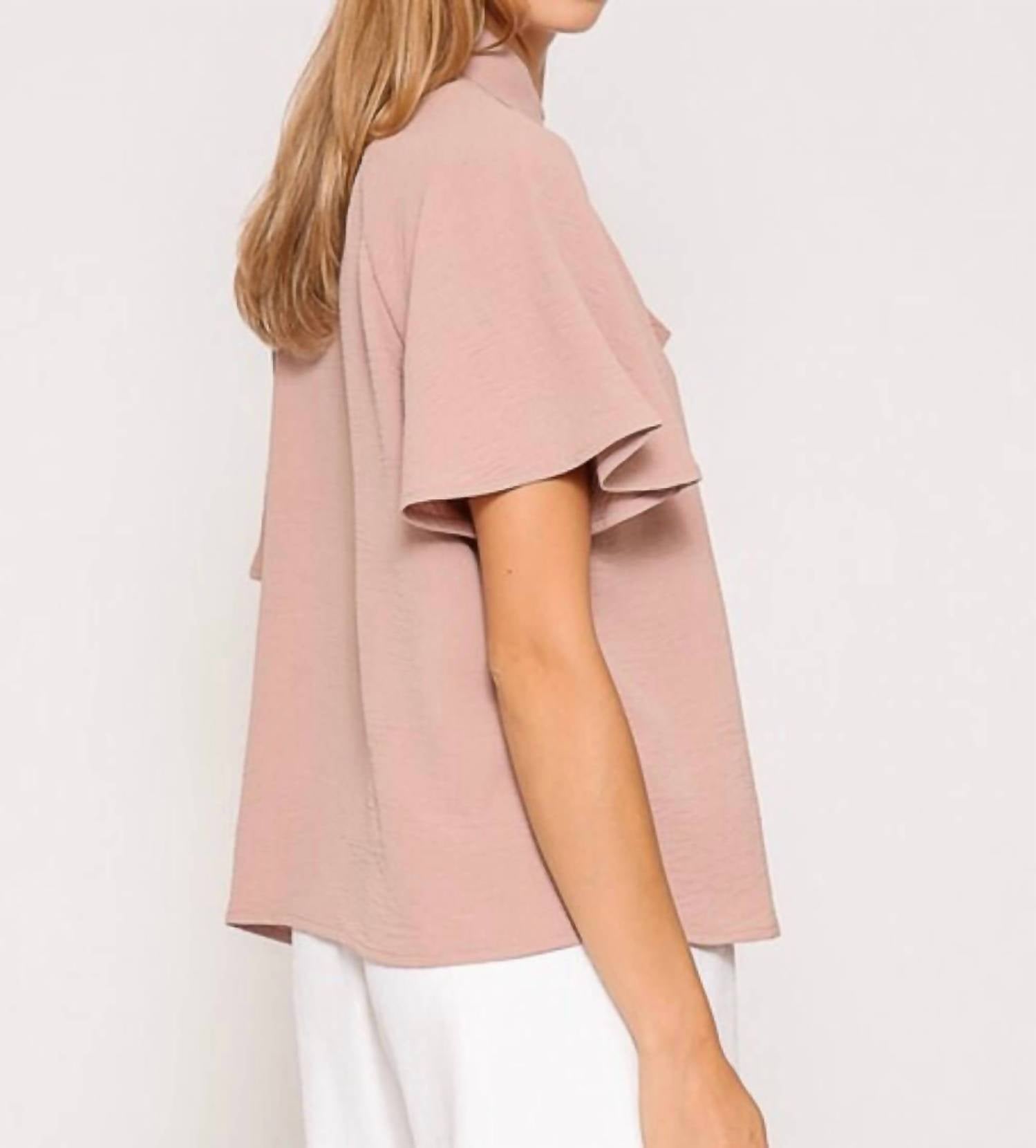 Timing Laya Ribbon Tie Neck Short-sleeve Blouse in taupe - women's blouse - view 4