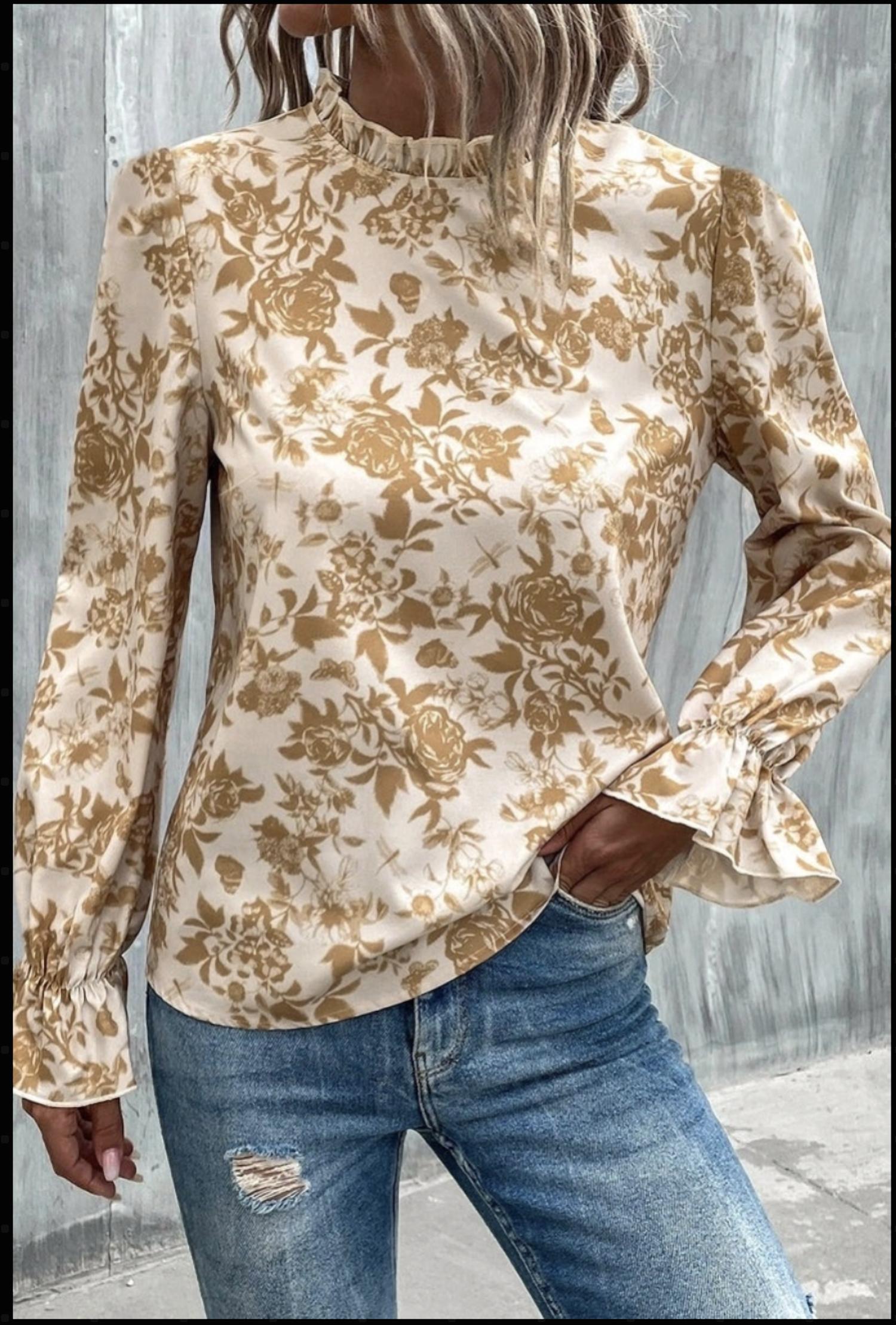 Dear Lover - Floral Print Mock Neck Blouse