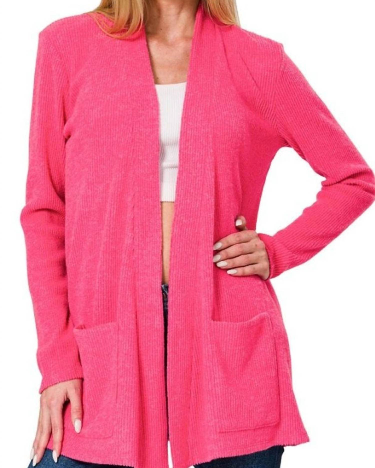 ZENANA Heather Ribbed Sweater Open Front Cardigan in hot pink - women's cardigan - detail view