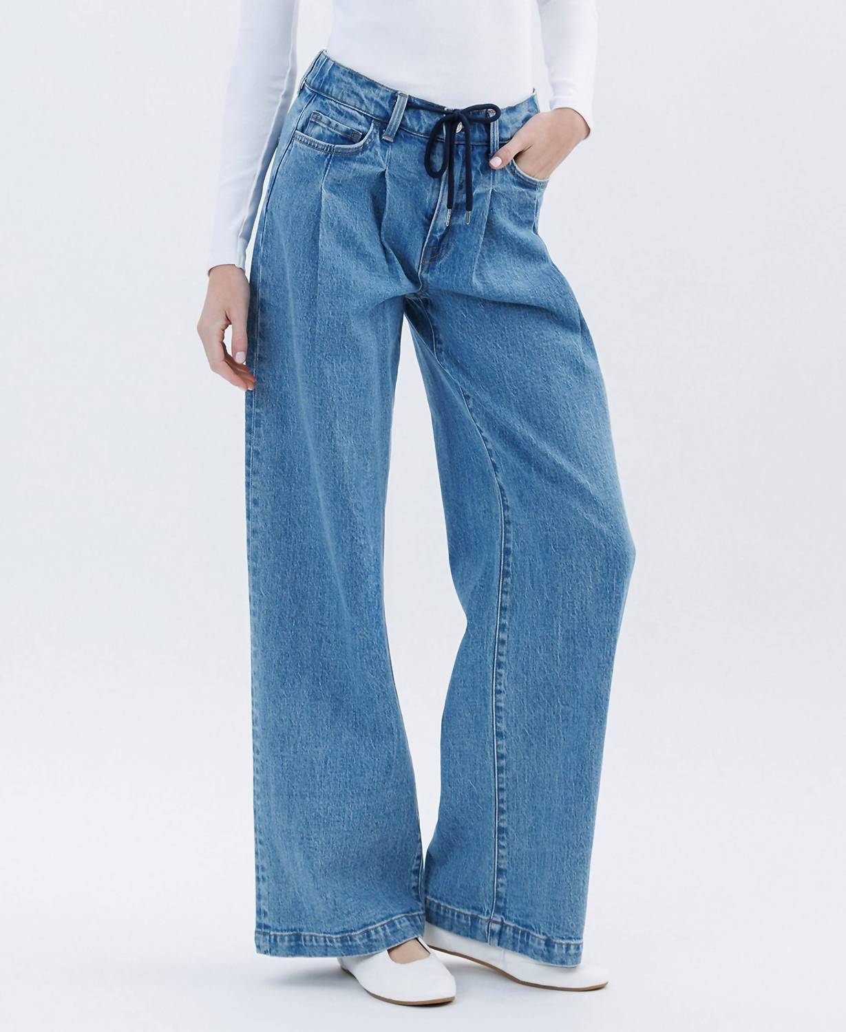 Vervet By Flying Monkey - Unabashed - Super High Rise Pleated Drawstring Wide Leg Jeans
