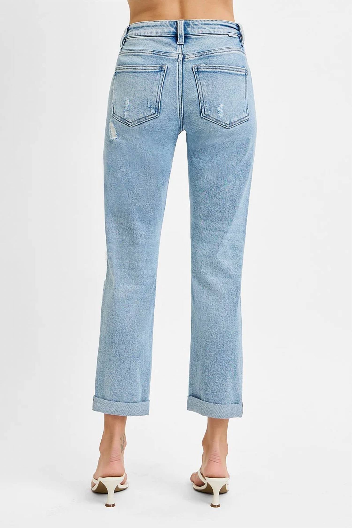 Risen - Tummy Control High Rise Straight Double Roll Up Jeans