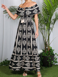 Vine & Love - Geo Printed Off The Shoulder Tassel Trim Dress