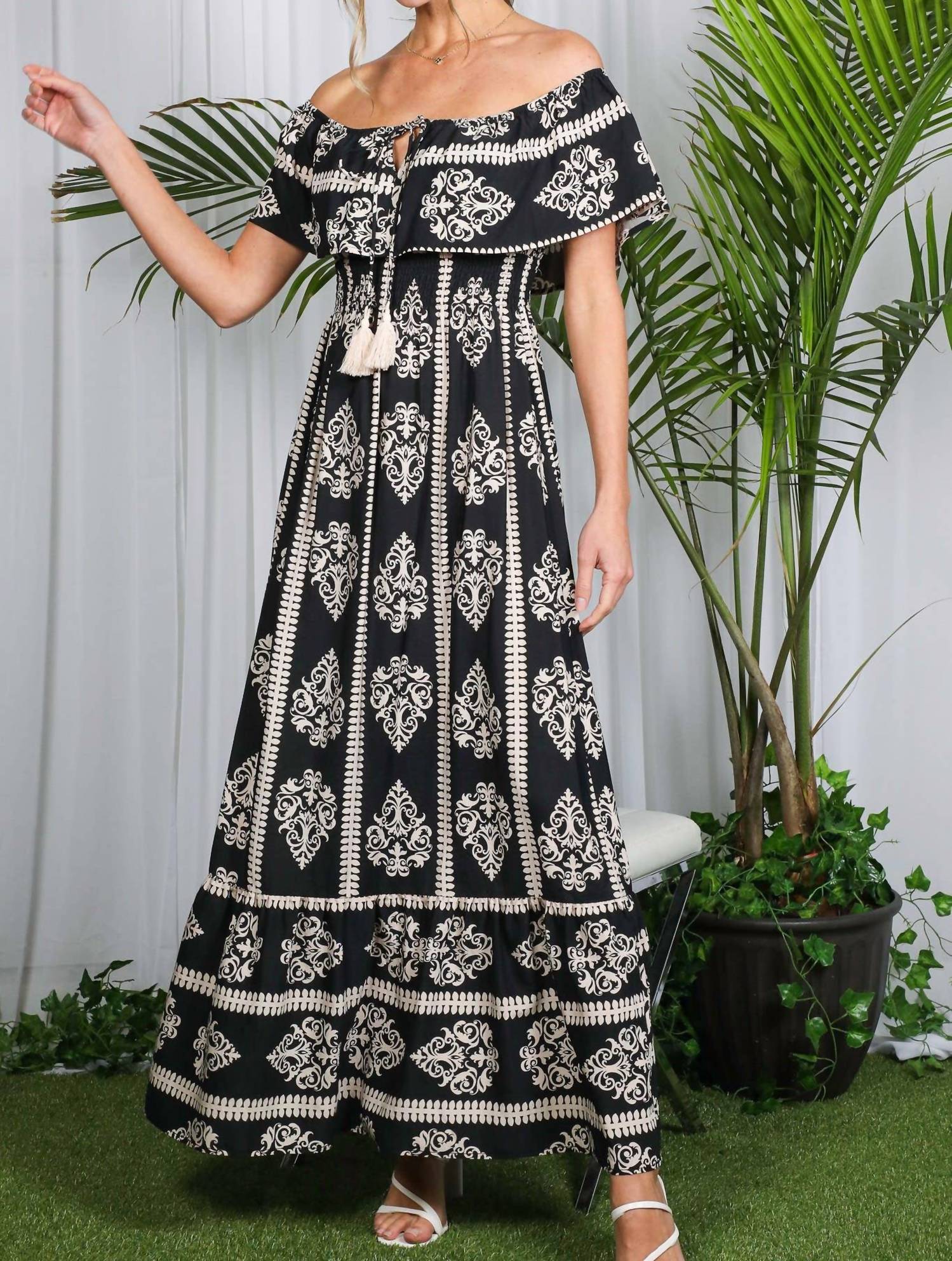 Vine & Love - Geo Printed Off The Shoulder Tassel Trim Dress