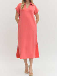 Entro - Solid Knit Split Collar Short Sleeve Midi Dress
