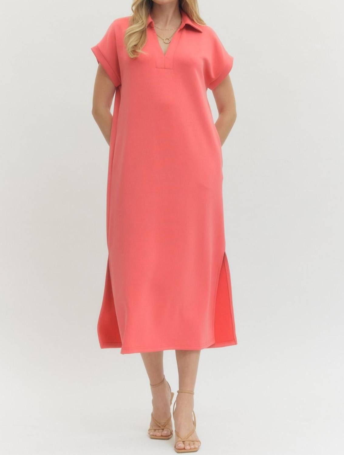 Entro - Solid Knit Split Collar Short Sleeve Midi Dress