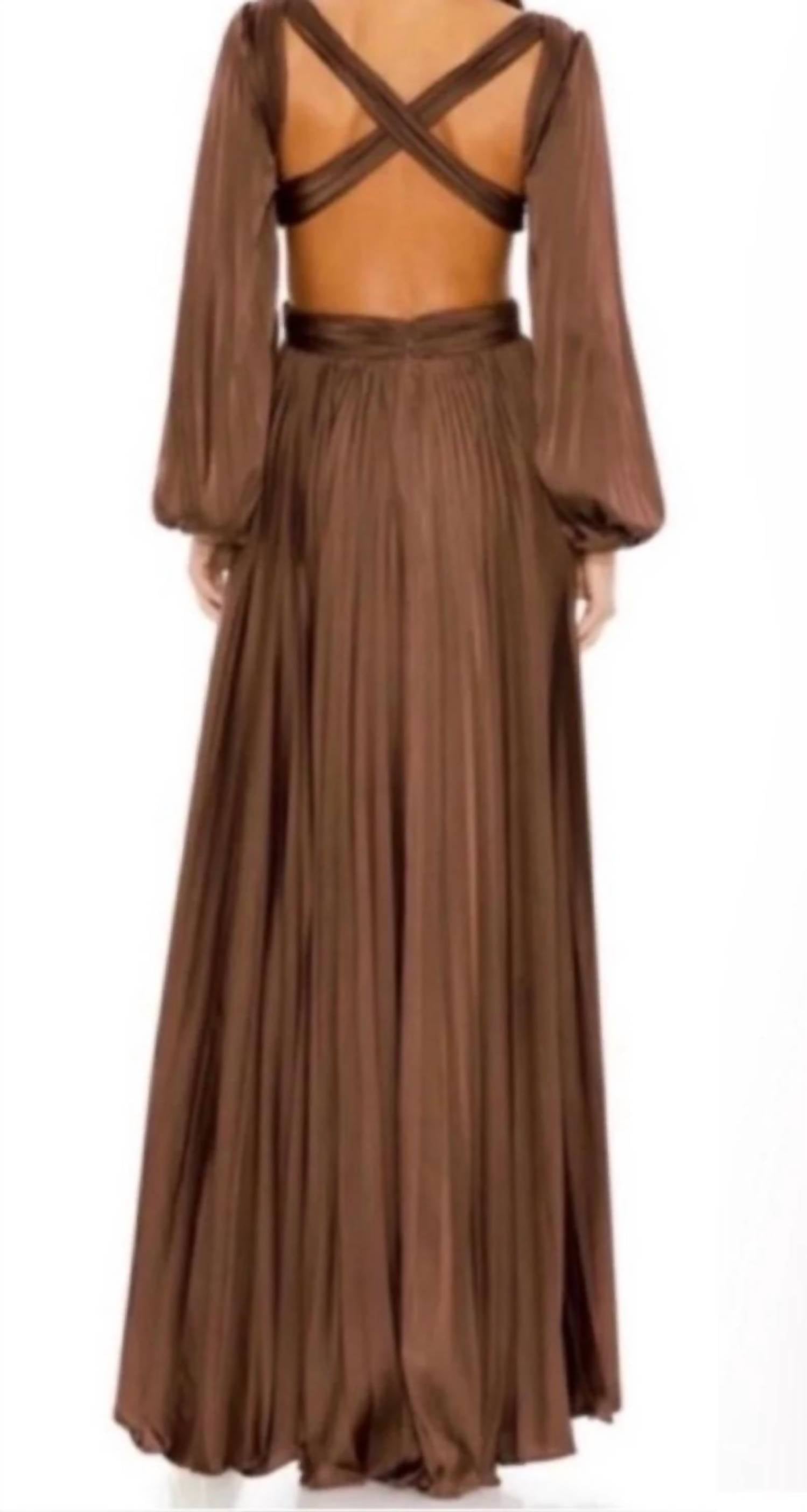 Mac Duggal - Pleated Long Sleeve Charmeuse Cut Out Gown