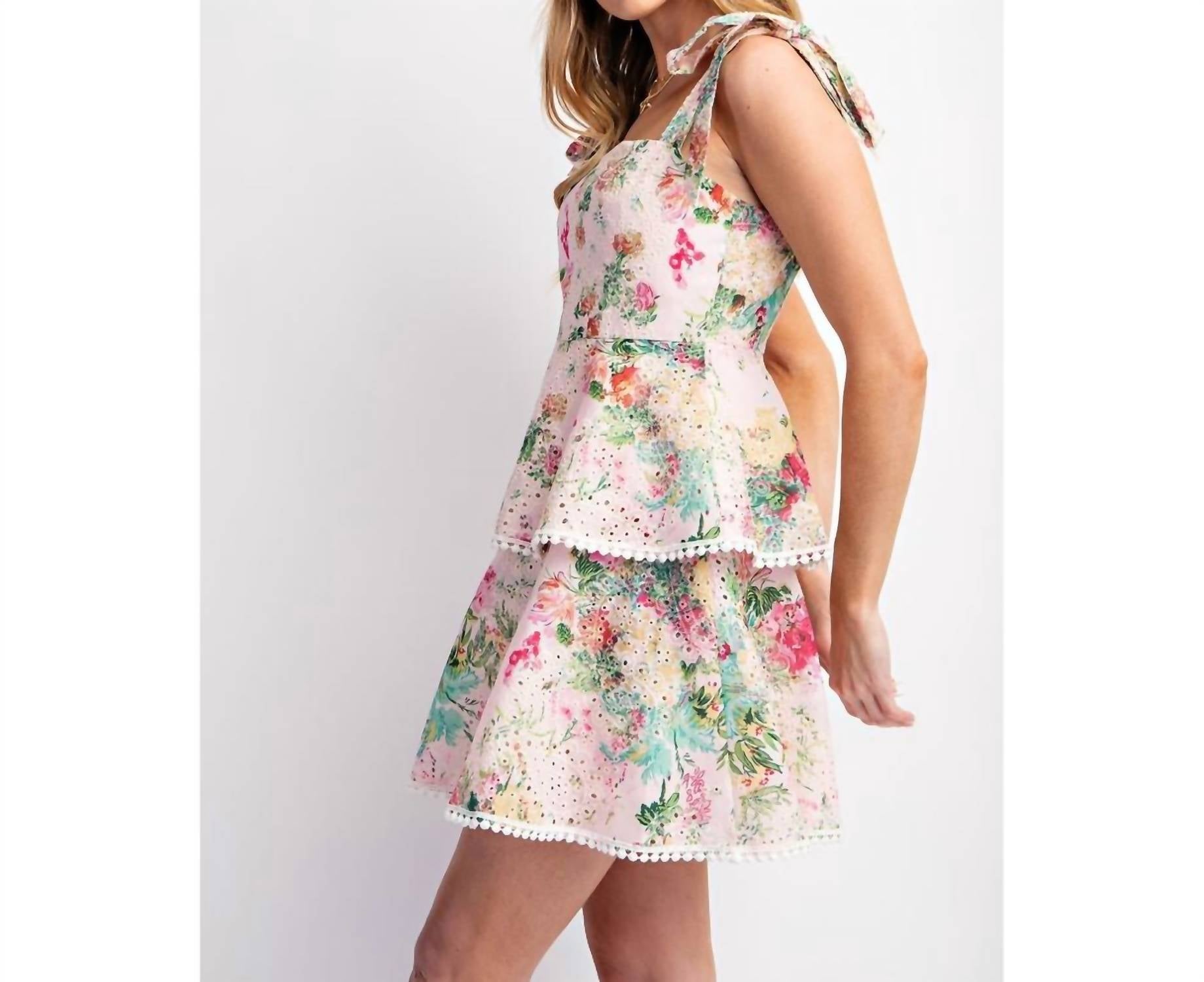 Sweet Generis - Lovely Print Eyelet Tiered Mini Dress