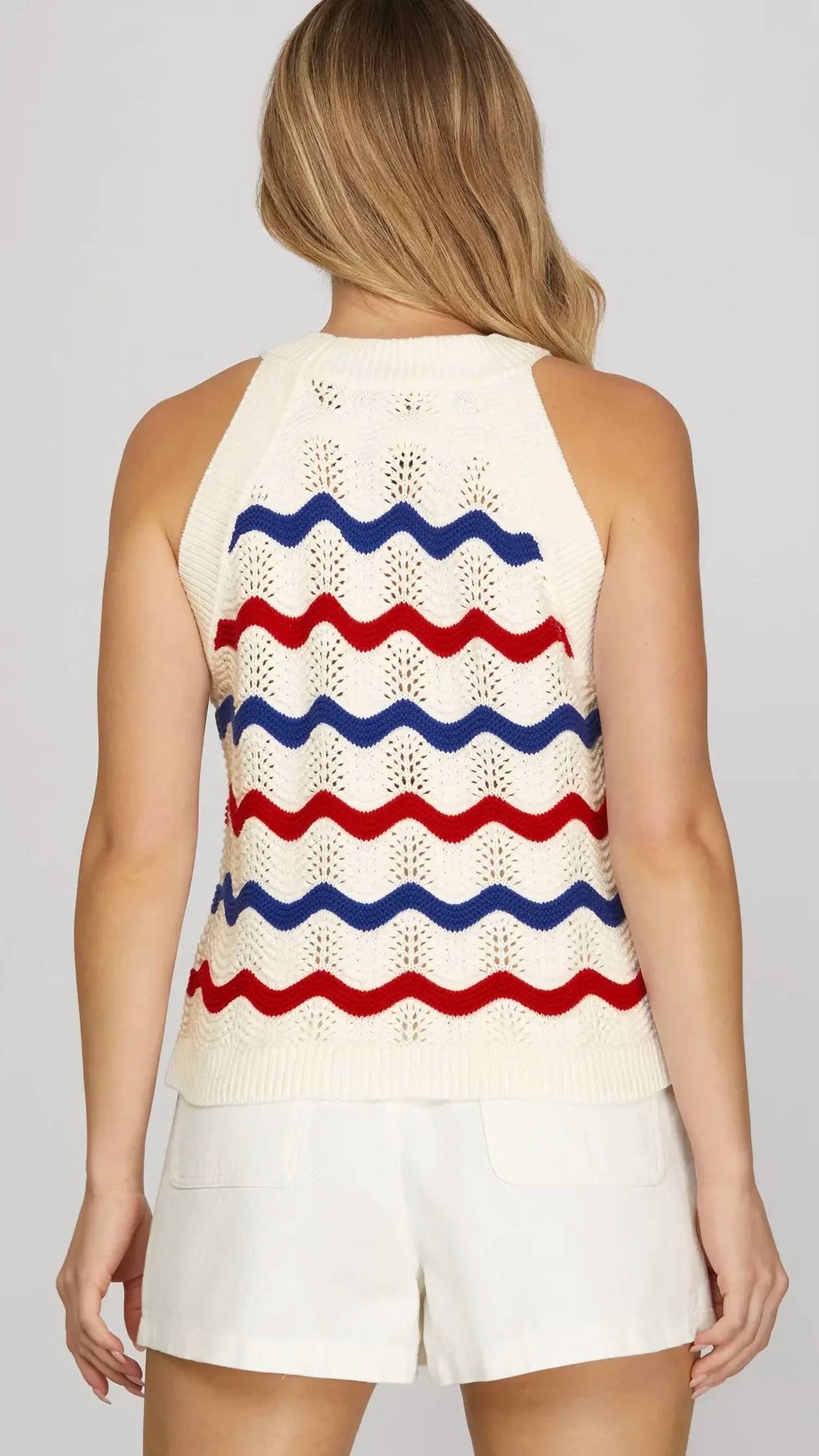 She + Sky - Wavy Stripe Halter Sweater Top