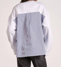 ELAN Long Sleeve Mixed Media Top in heather grey blue stripe - women's long sleeve top - detail view