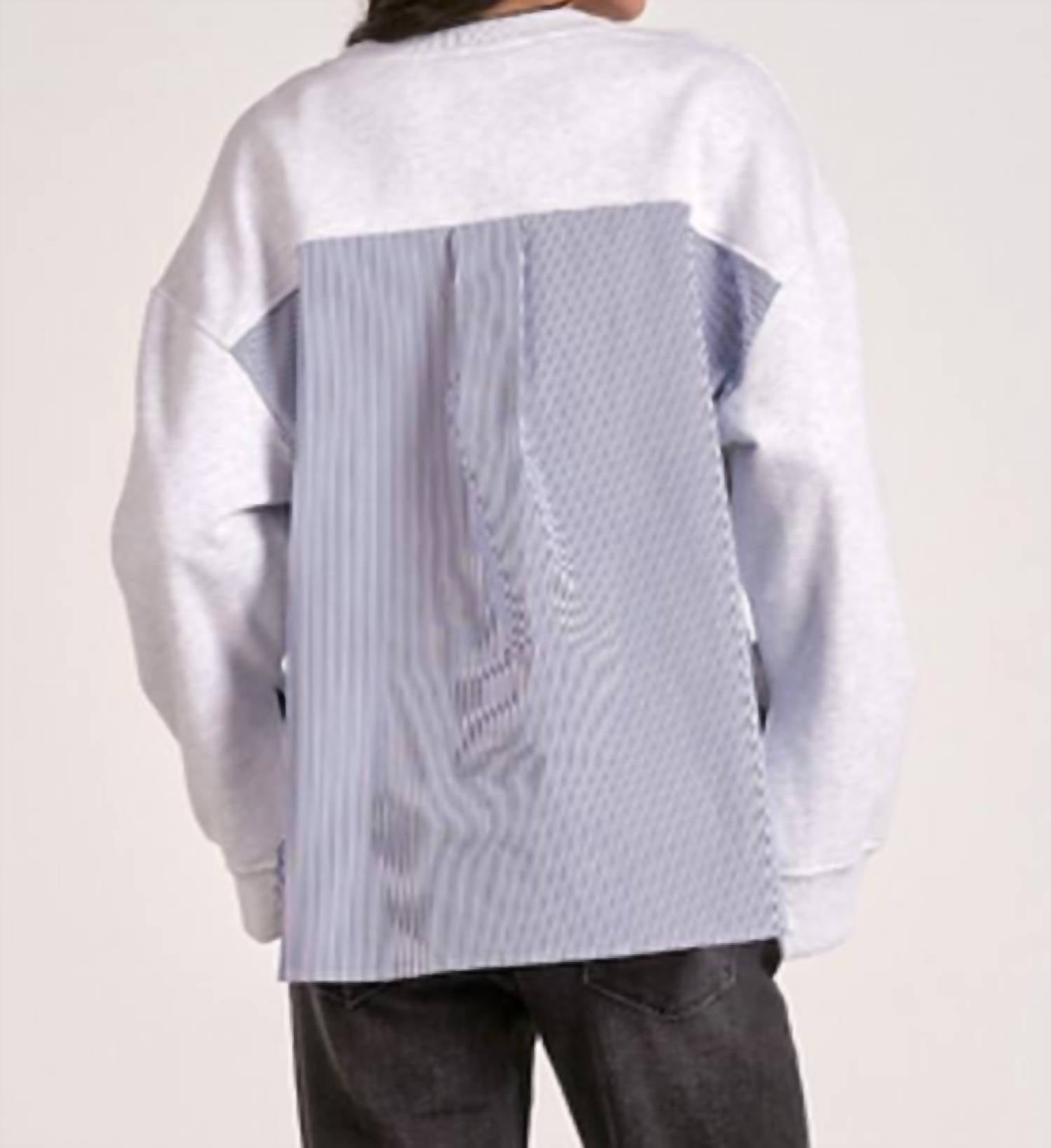 ELAN Long Sleeve Mixed Media Top in heather grey blue stripe - women's long sleeve top - detail view