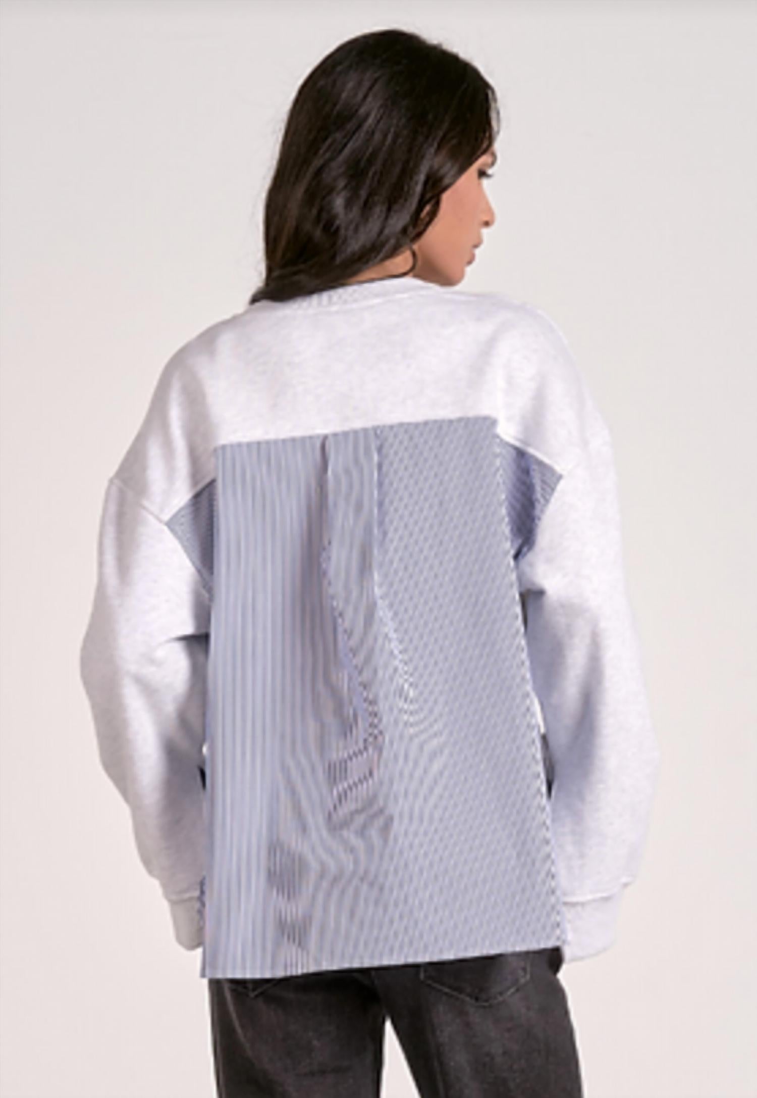 ELAN Long Sleeve Mixed Media Top in heather grey blue stripe - women's long sleeve top - alternate view