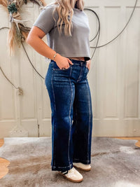 RISEN Women's Charlotte High Rise Trouser Jean in dark wash - women's jeans - detail view