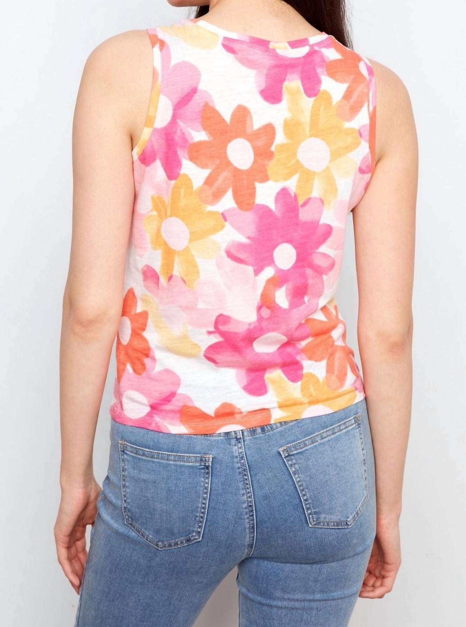 CHARLIE B Floral Print Twisted Hem Tank Top in pink - women's tank top - detail view