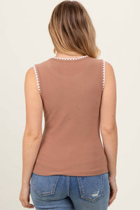 So Me Rib Sleeveless With Embroidery Detail Tank Top in light brown cream - women's tank top - detail view