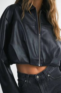 Mable - Faux Leather Pleated Bubble Hem Cropped Jacket