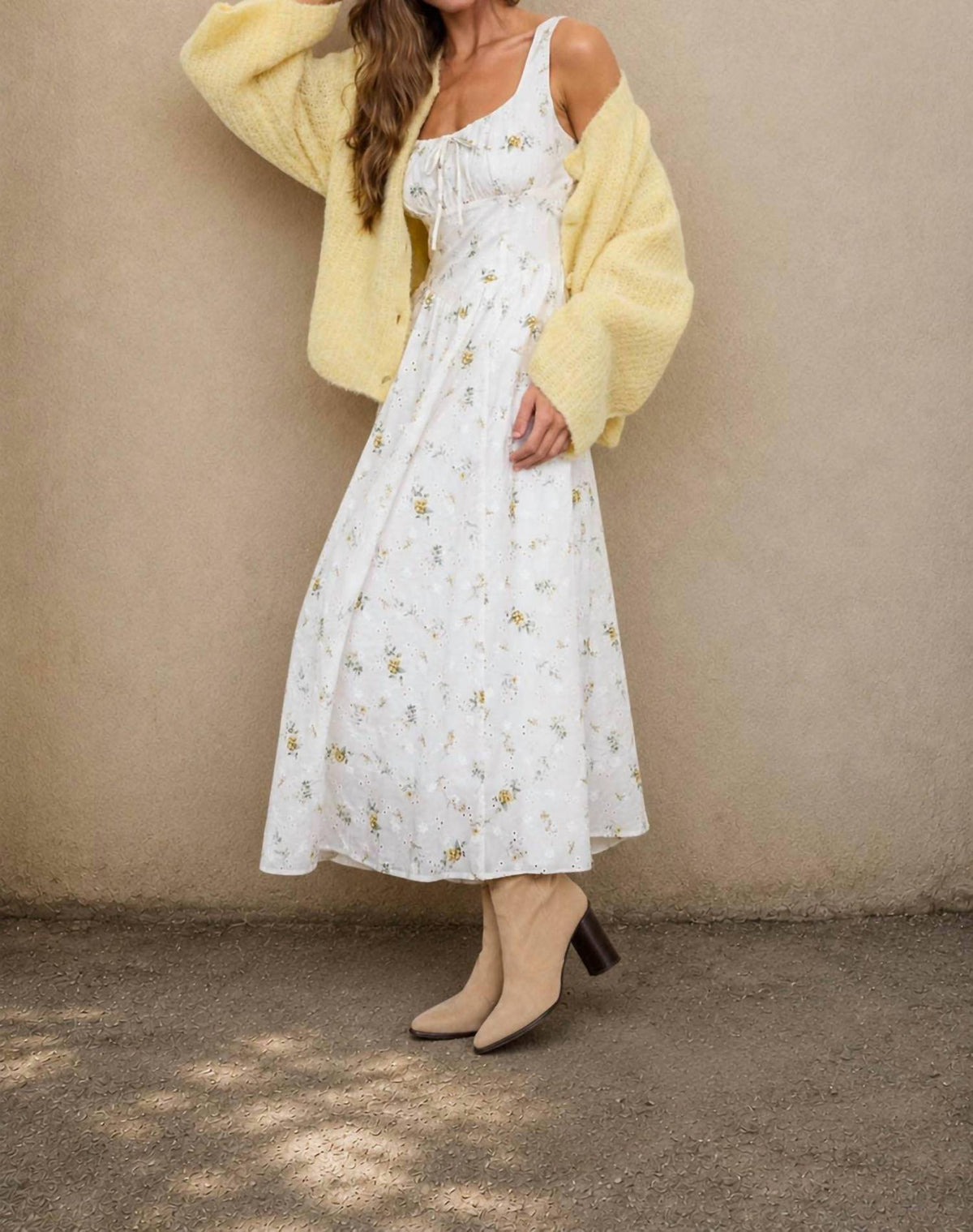 Blu Pepper - Floral Eyelet Tie Front Corset Midi Dress
