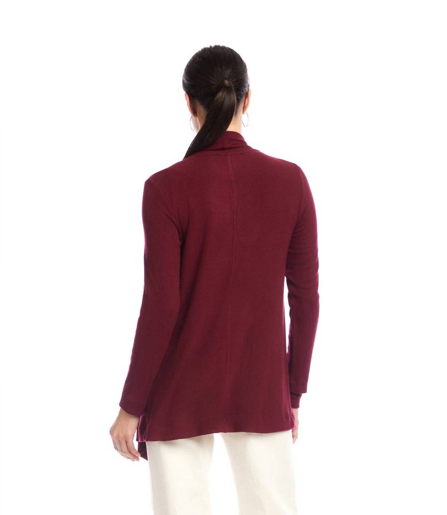 Karen Kane Long Sleeve Ribbed Drape Front Cardigan - Petite in wine - women's cardigan - detail view
