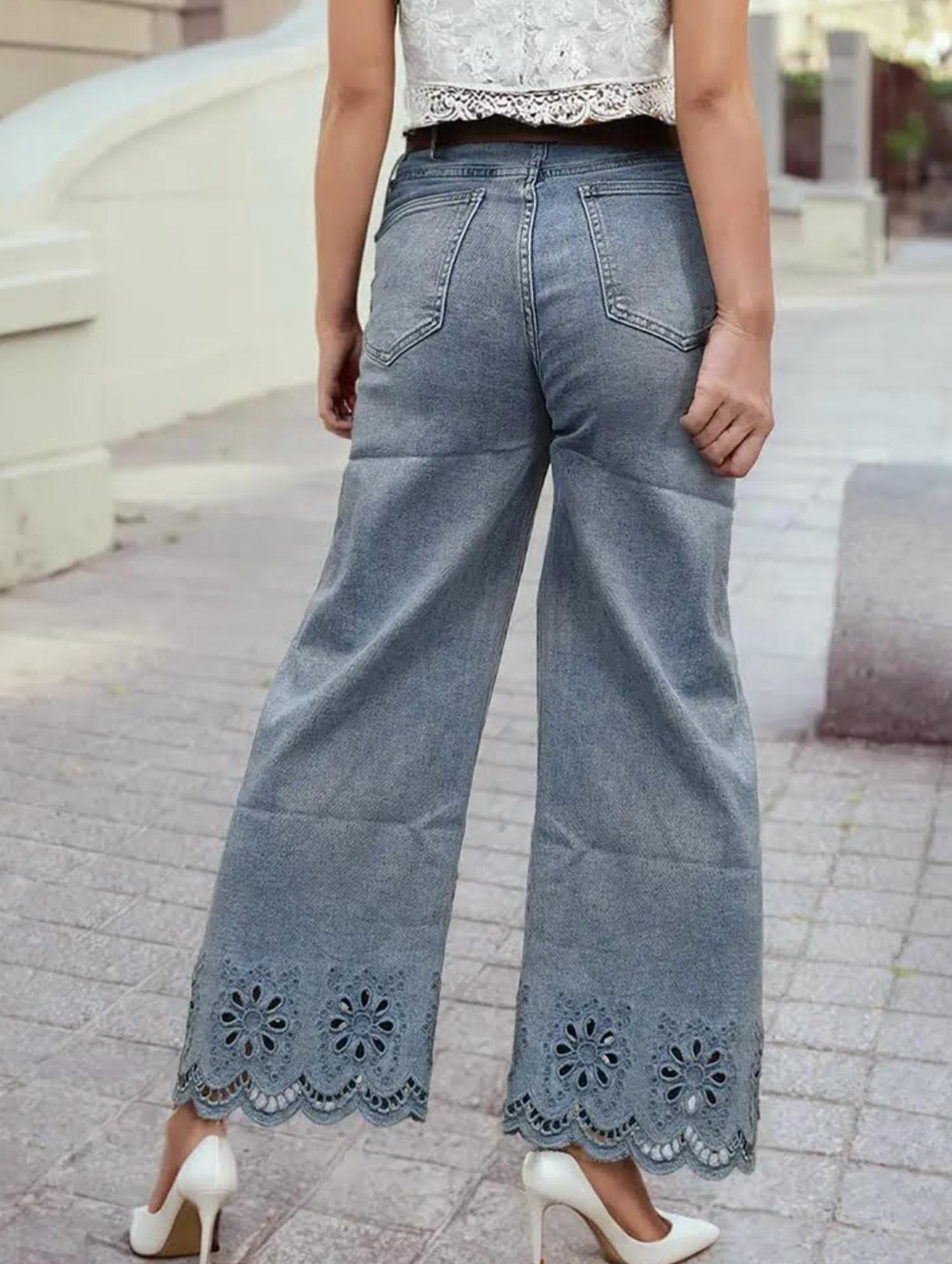 1 The Woman - Embroidered Wide Leg High Waist Jeans