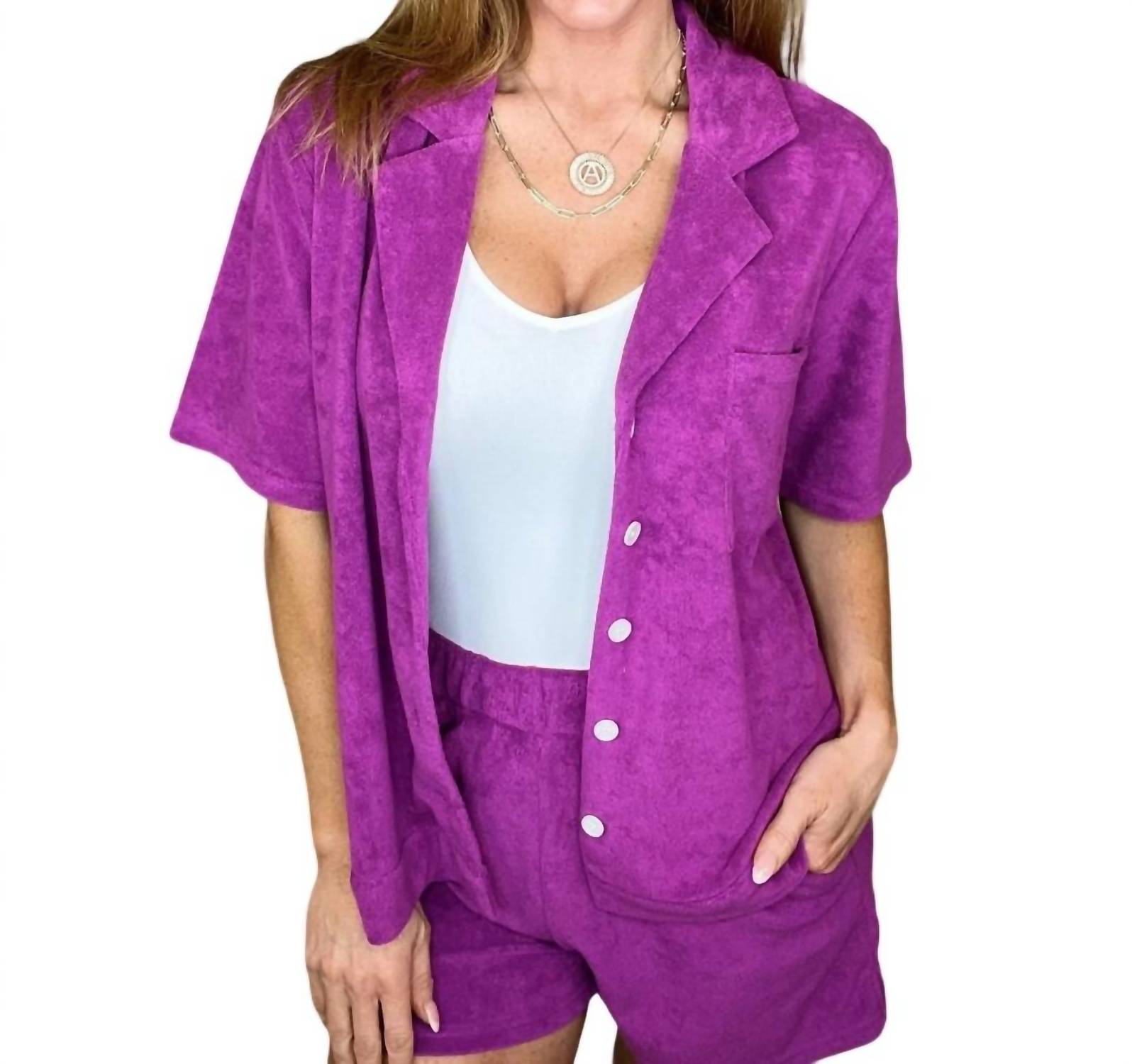 P.S. Kate - French Terry Button Down Top