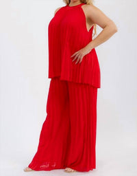 Karen T Design - Pleated Sleeveless Blouse And Elastic Waist Pleated Wide Leg Pants Set