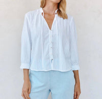 Bella Dahl 3/4 Sleeve Tie Neck Blouse in white - women's shirt