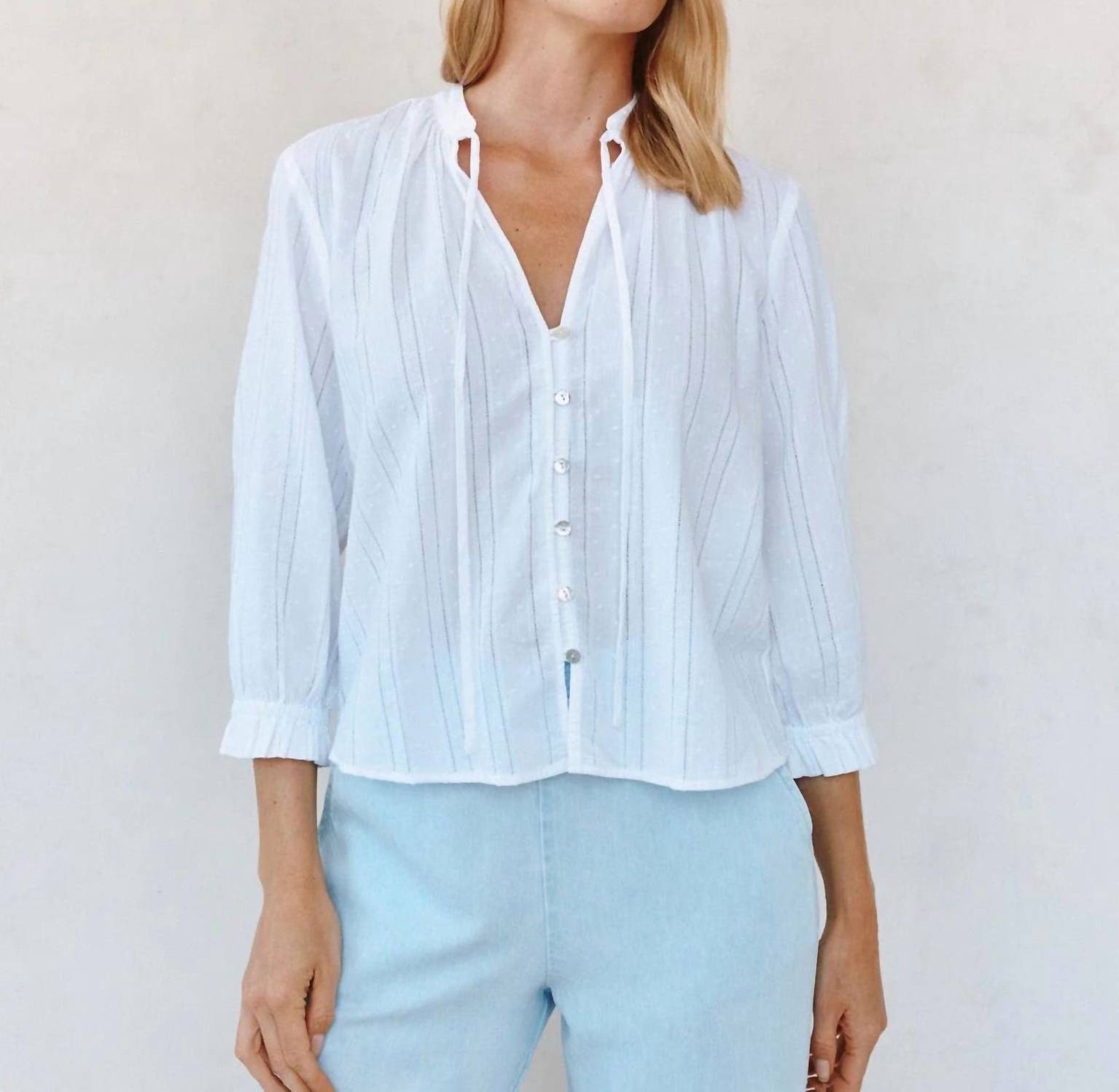 Bella Dahl 3/4 Sleeve Tie Neck Blouse in white - women's shirt